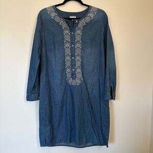 J. Jill Indigo Dress, White Embroidery, Size Medium Petite